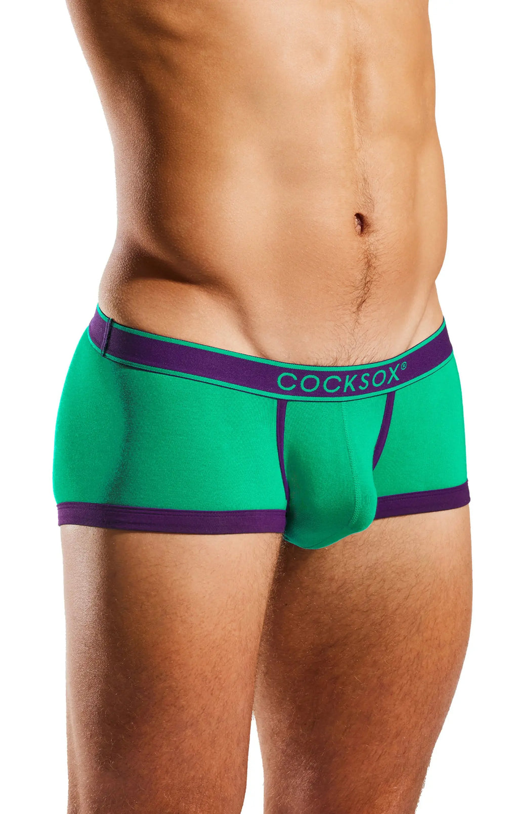 Torso in green and purple underwear with a purple waistband, on a white background.
