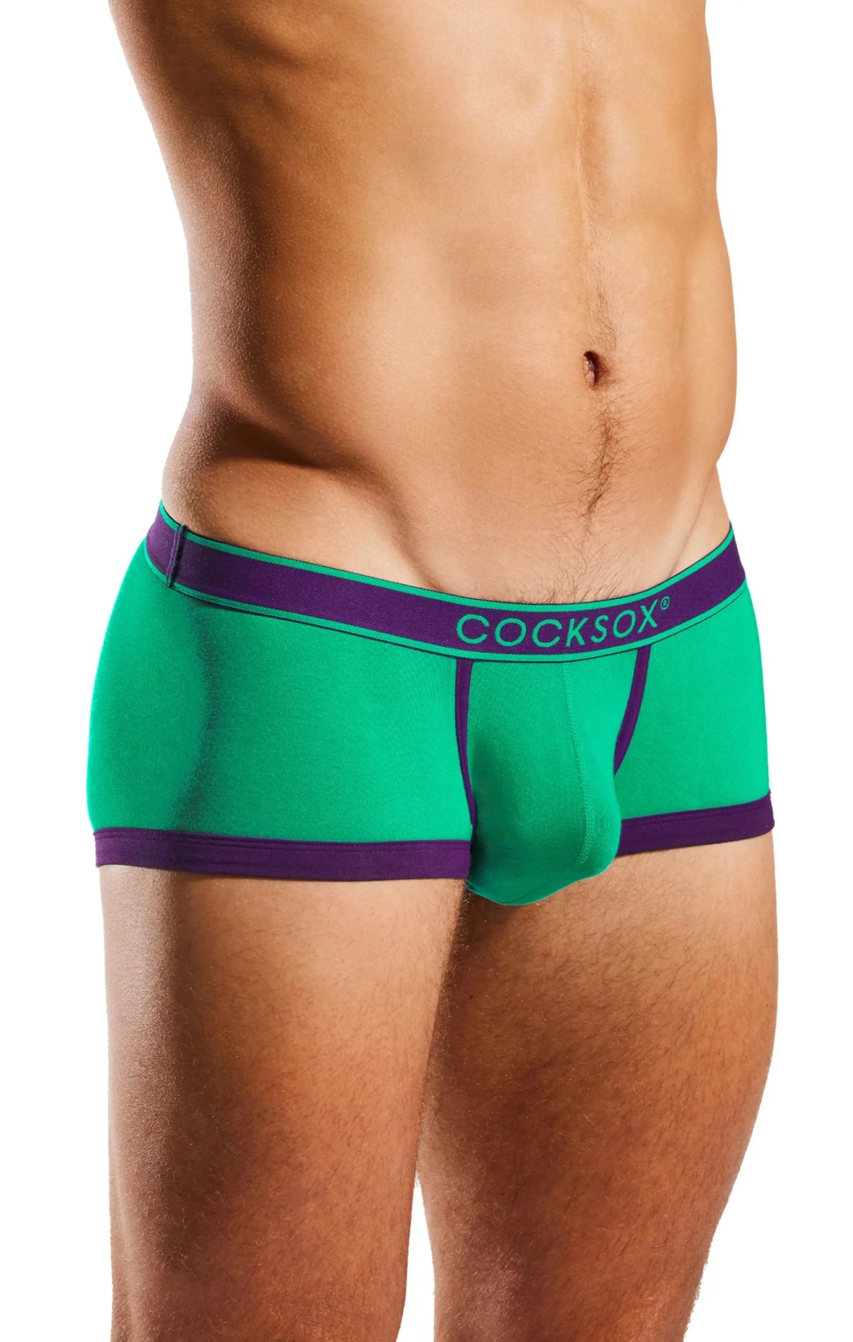 Torso in green and purple underwear with a purple waistband, on a white background.