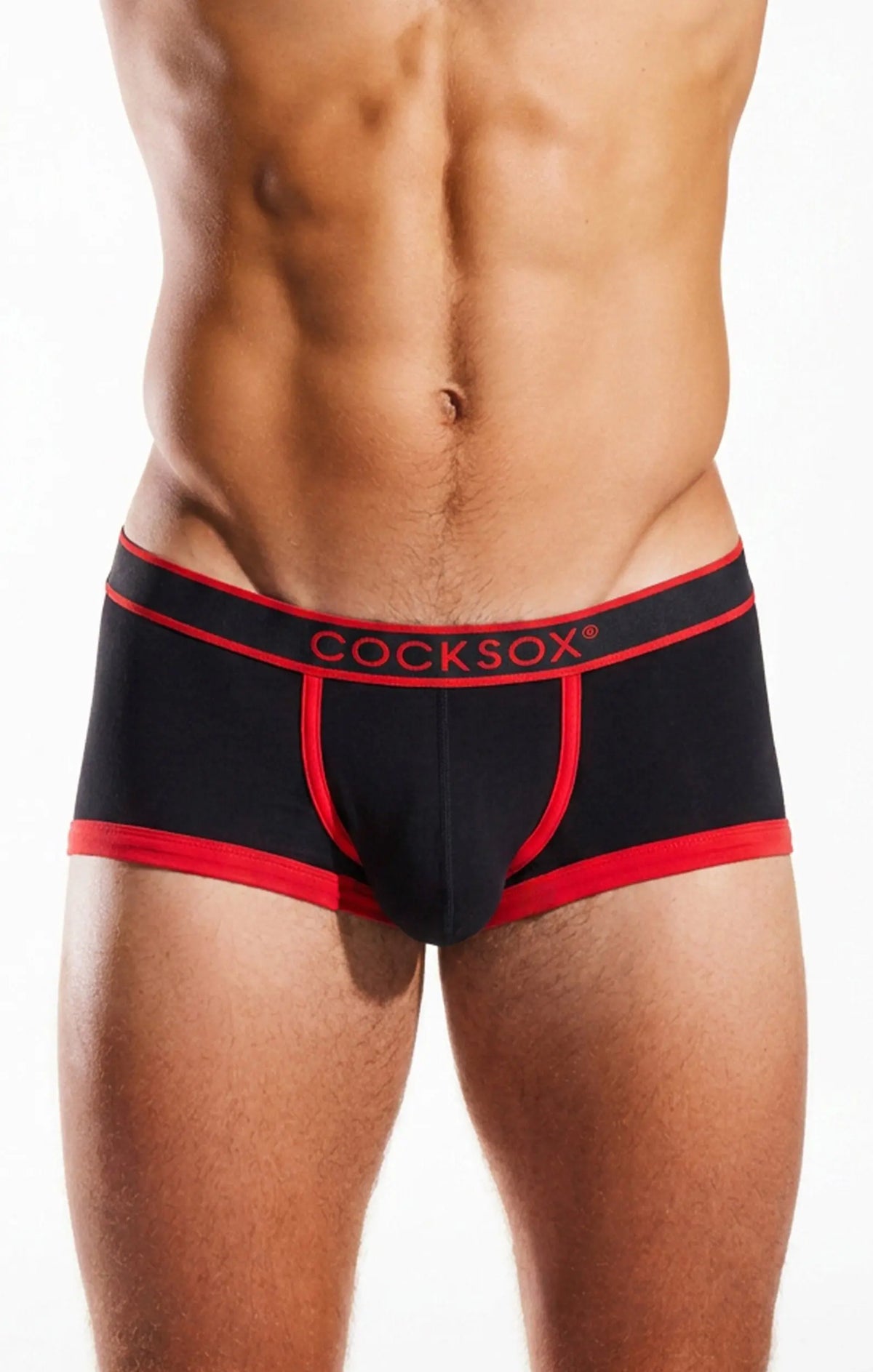 Torso in black trunks with red trim and a red waistband logo.