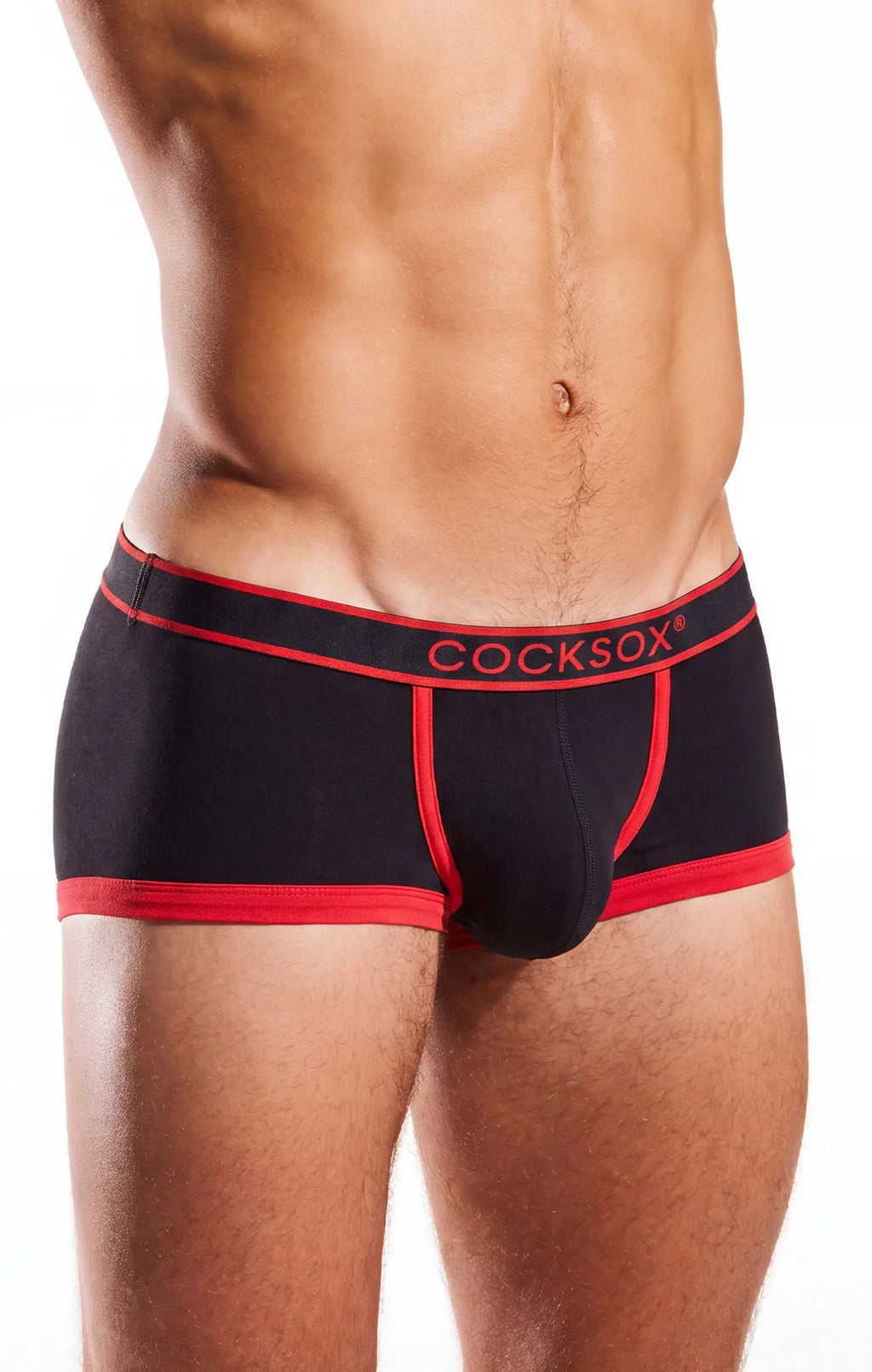 Torso in black trunks with red trim and a red waistband, on a white background.