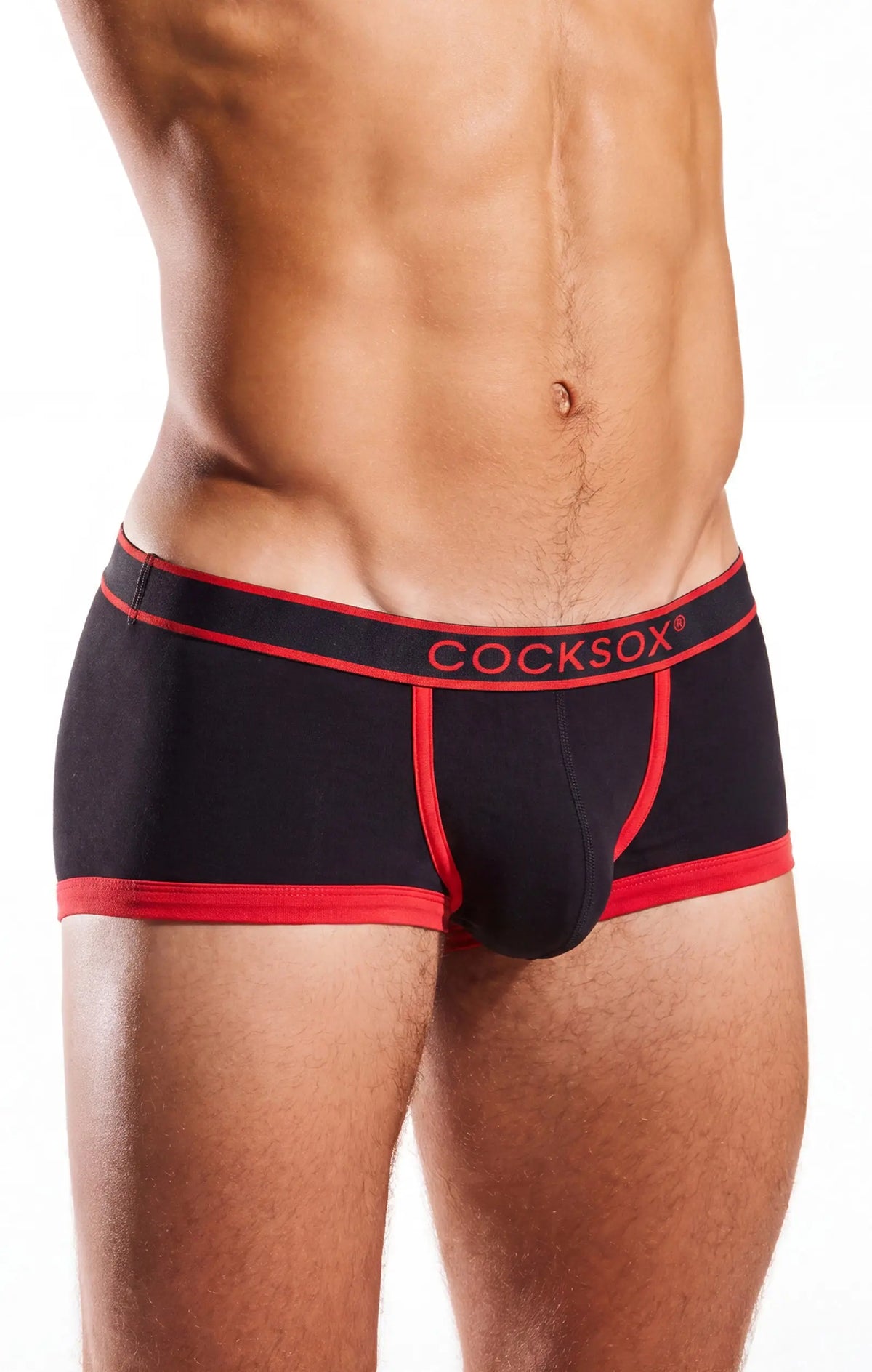 Torso in black trunks with red trim and a red waistband, on a white background.