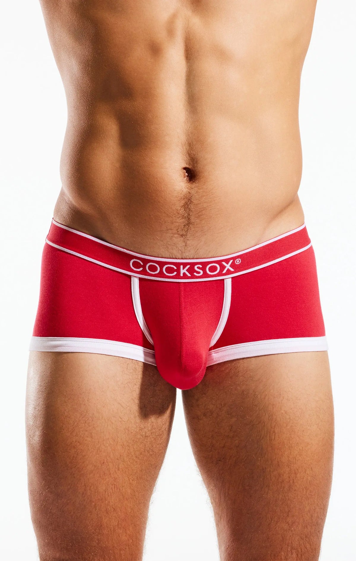 Torso in red underwear with white trim and a white waistband, on a white background.