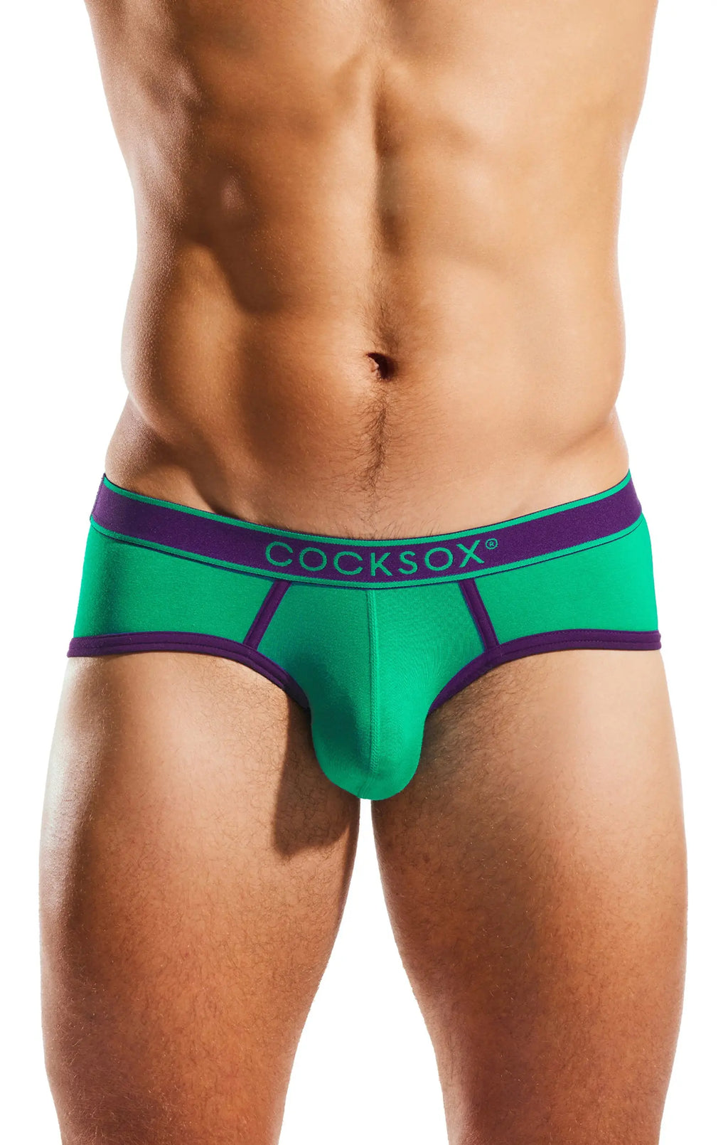 Torso and thighs of a person wearing green briefs with a purple waistband.