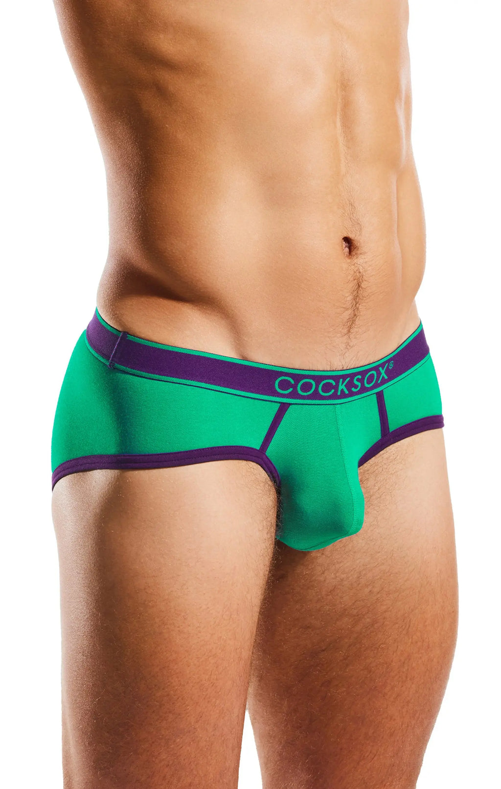 Torso in green briefs with purple trim and waistband, on white.