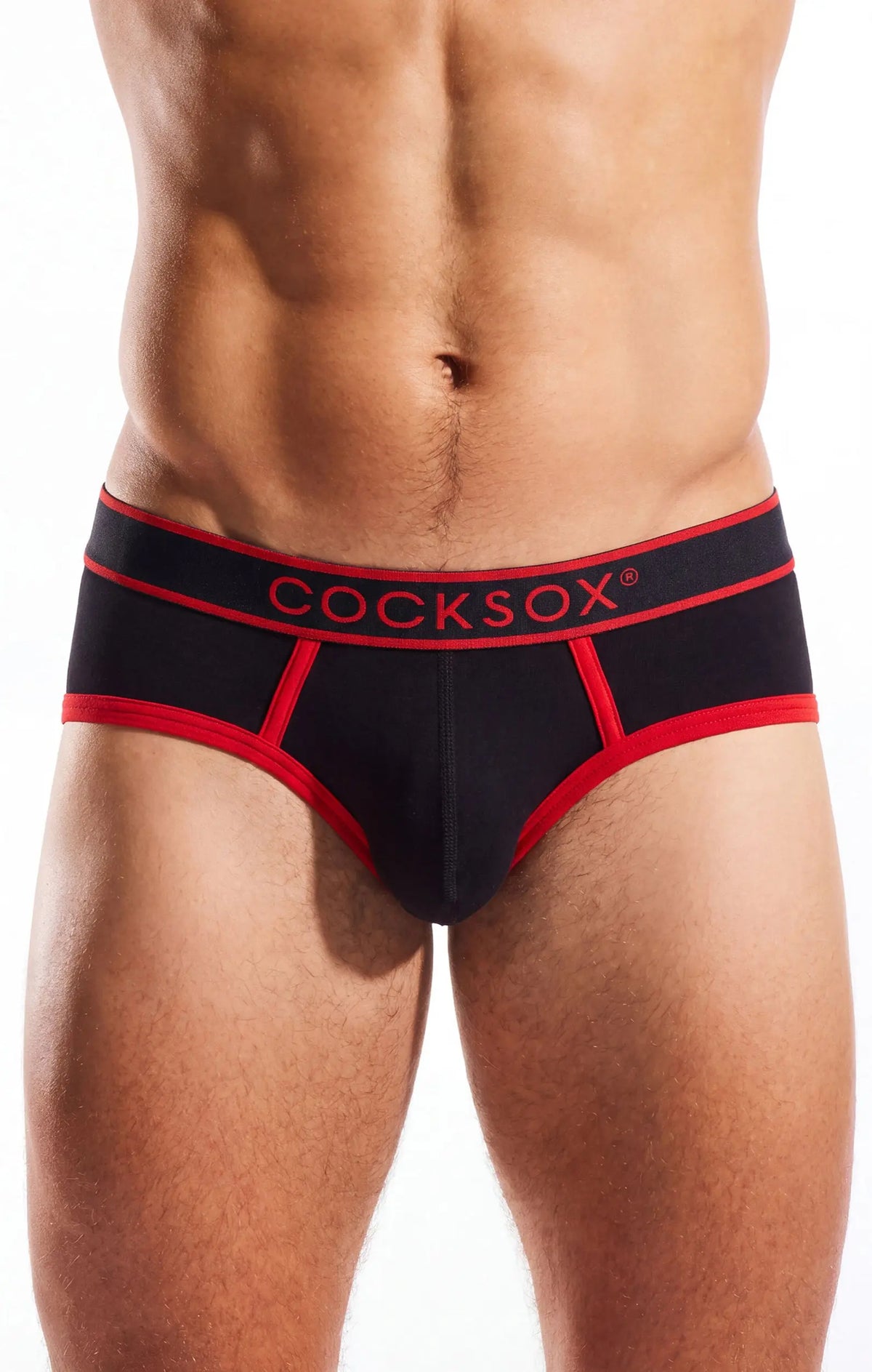 Torso in black briefs with red trim and a red waistband, on a white background.
