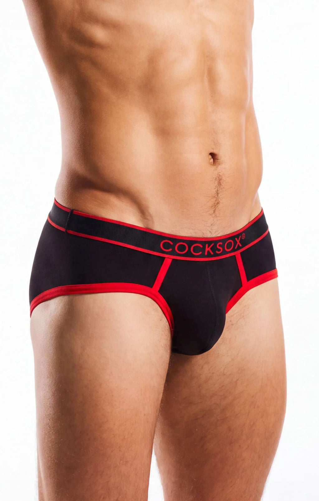 Torso in black briefs with red trim and waistband text, white background.