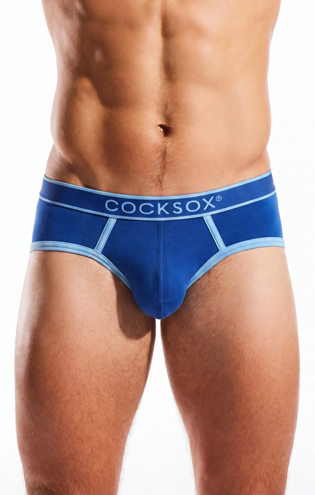 Torso in blue briefs with light blue trim and a branded waistband, white background.