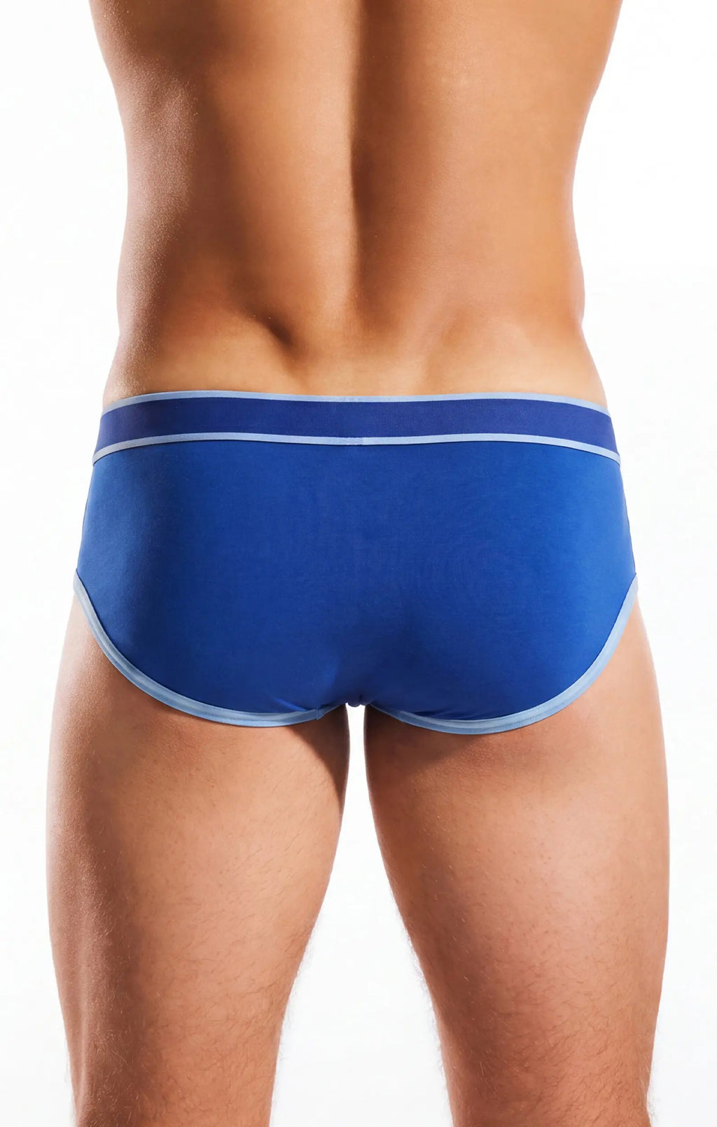 Rear view of a person in blue briefs with light blue trim on a white background.