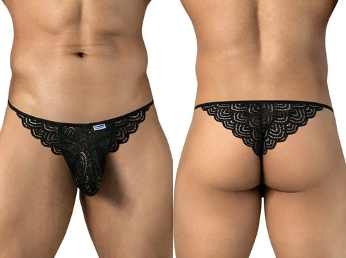 Two views of a person wearing black patterned underwear on a white background.