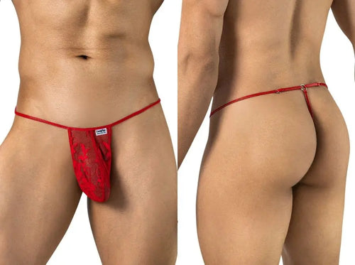 Two views of a person wearing a red mesh thong with thin side straps.