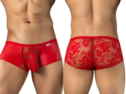 Two views of a person wearing red underwear with sheer floral lace panels.