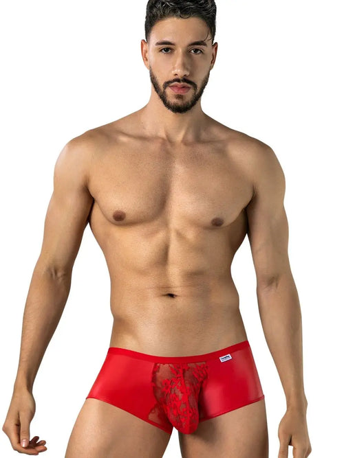 Shirtless man with a beard wearing red underwear, facing forward.