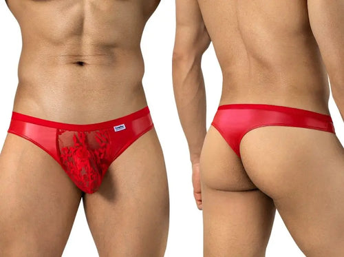 Two views of a person in red briefs, front and back, on white.