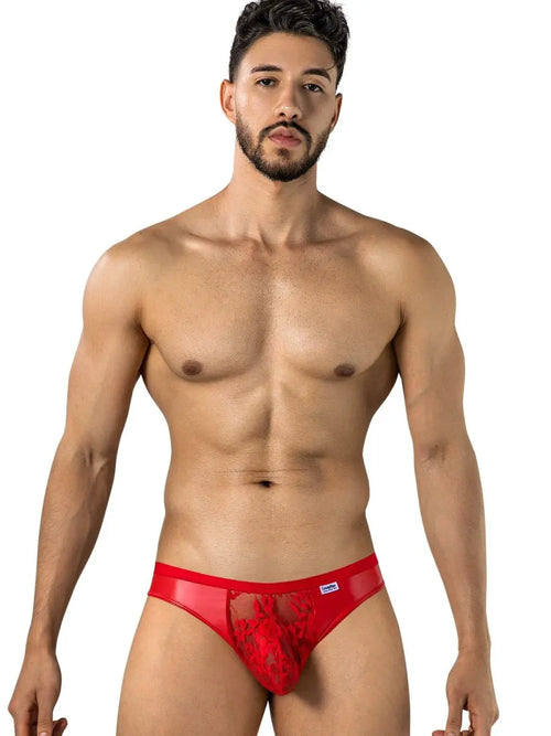Shirtless man in red underwear against a white background.