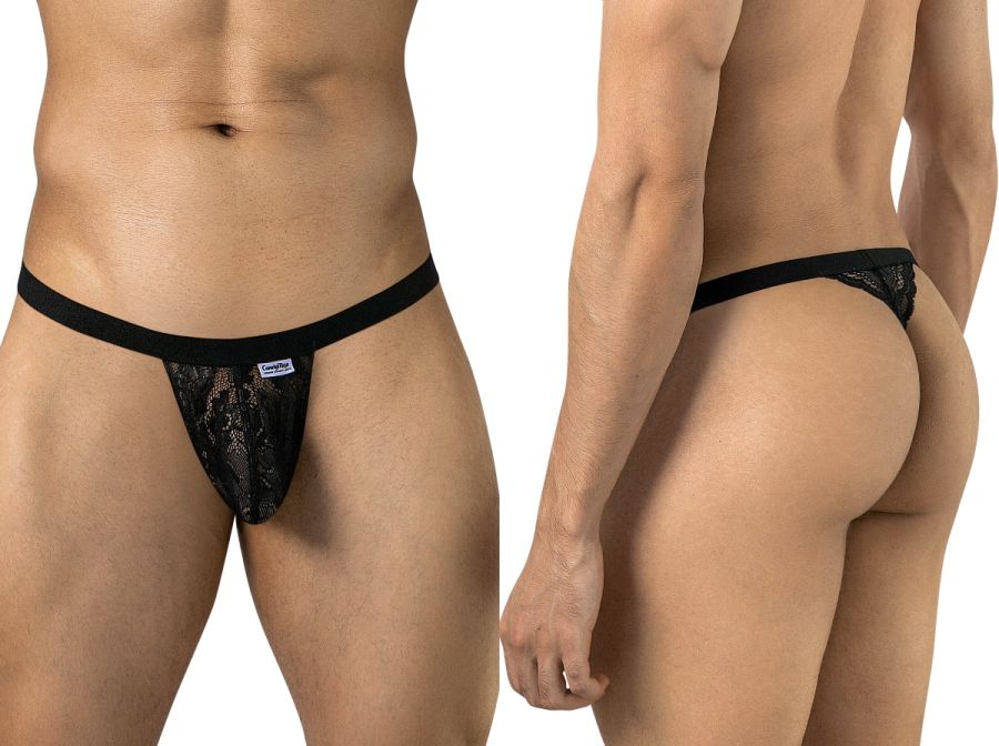 Black CandyMan lace thong shown from front and back on a model.