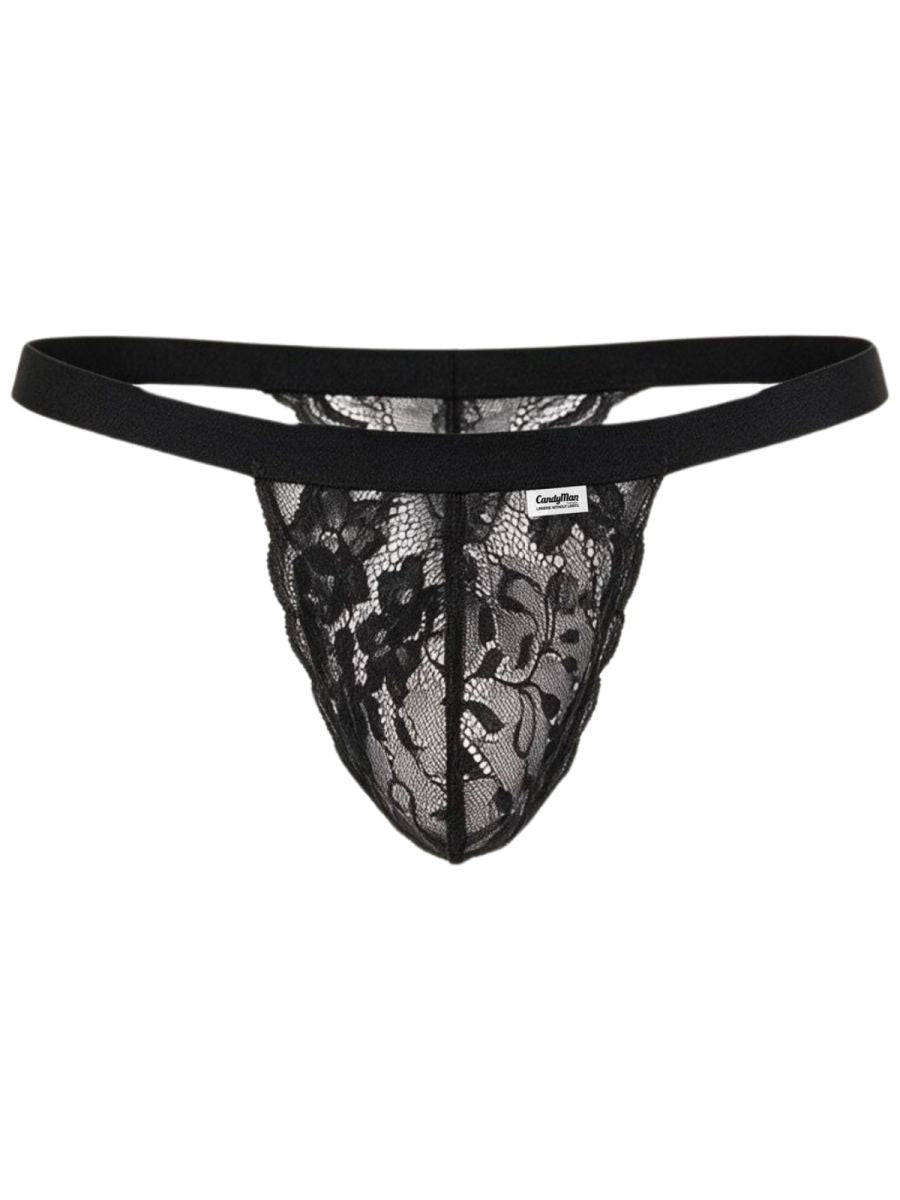 Black CandyMan lace thong with sheer floral pouch and elastic waistband