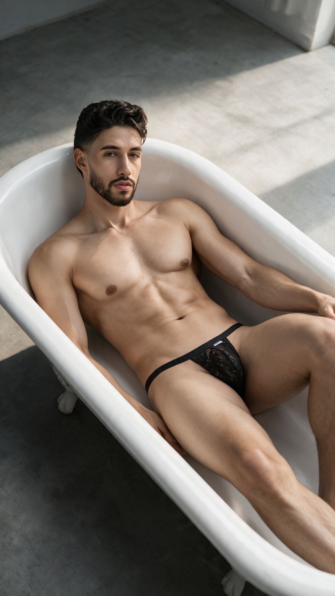 Man in black lace thong reclining in a white bathtub.