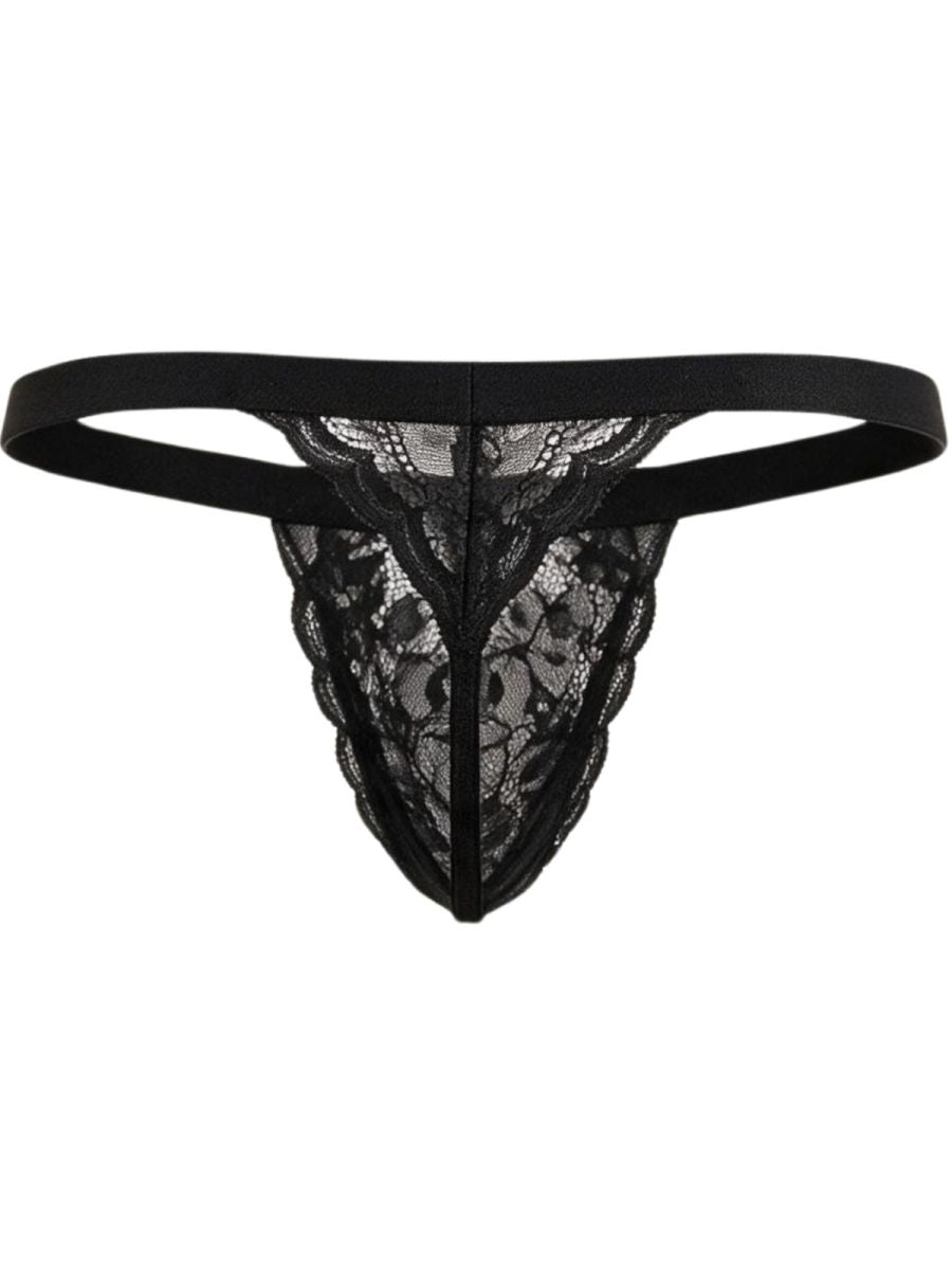 Rear view of CandyMan black floral lace thong underwear with a black waistband.