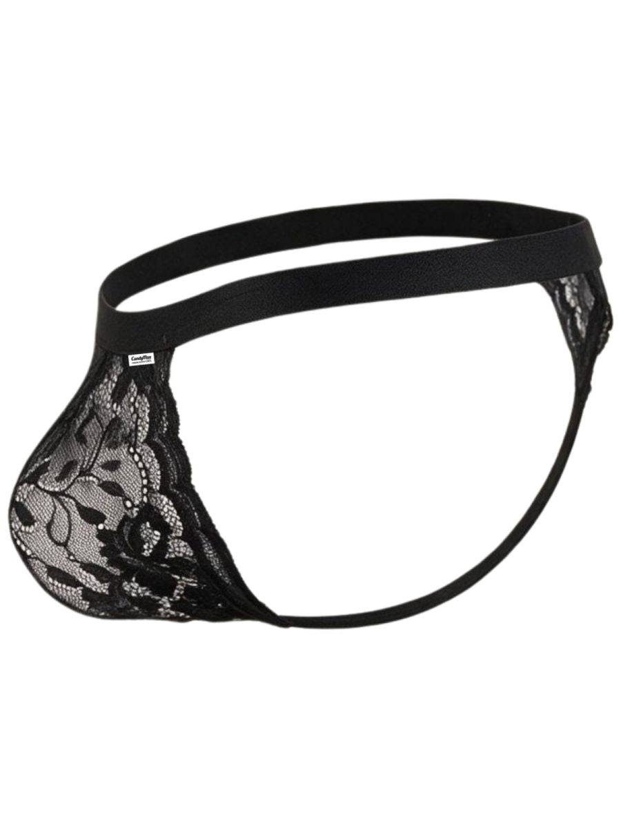 Side view of CandyMan black floral lace thong underwear with a black waistband.