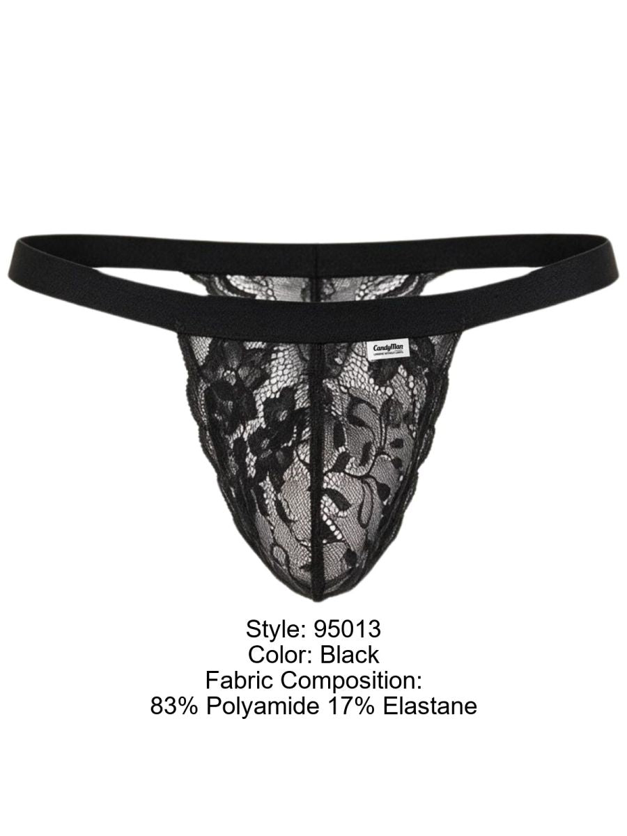 CandyMan 95013 black lace thong; fabric label states 83% polyamide and 17% elastane.