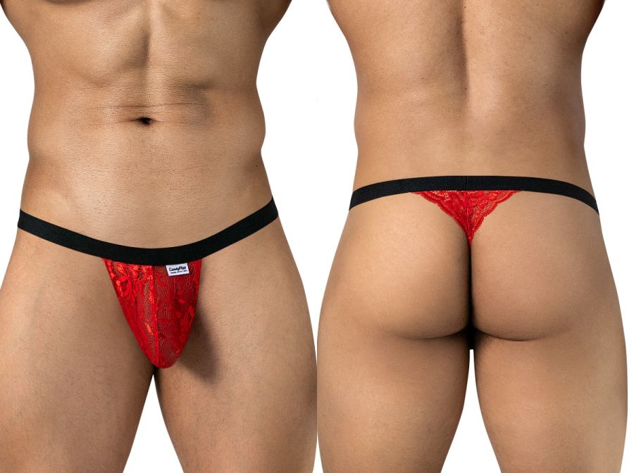 Men's red lace thong with black waistband, shown from front and back.