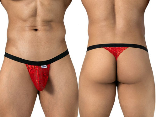 Men's red lace thong with black waistband, shown from front and back.