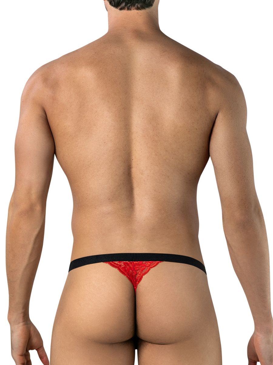Rear view of CandyMan red lace thong with black waistband on a male model.