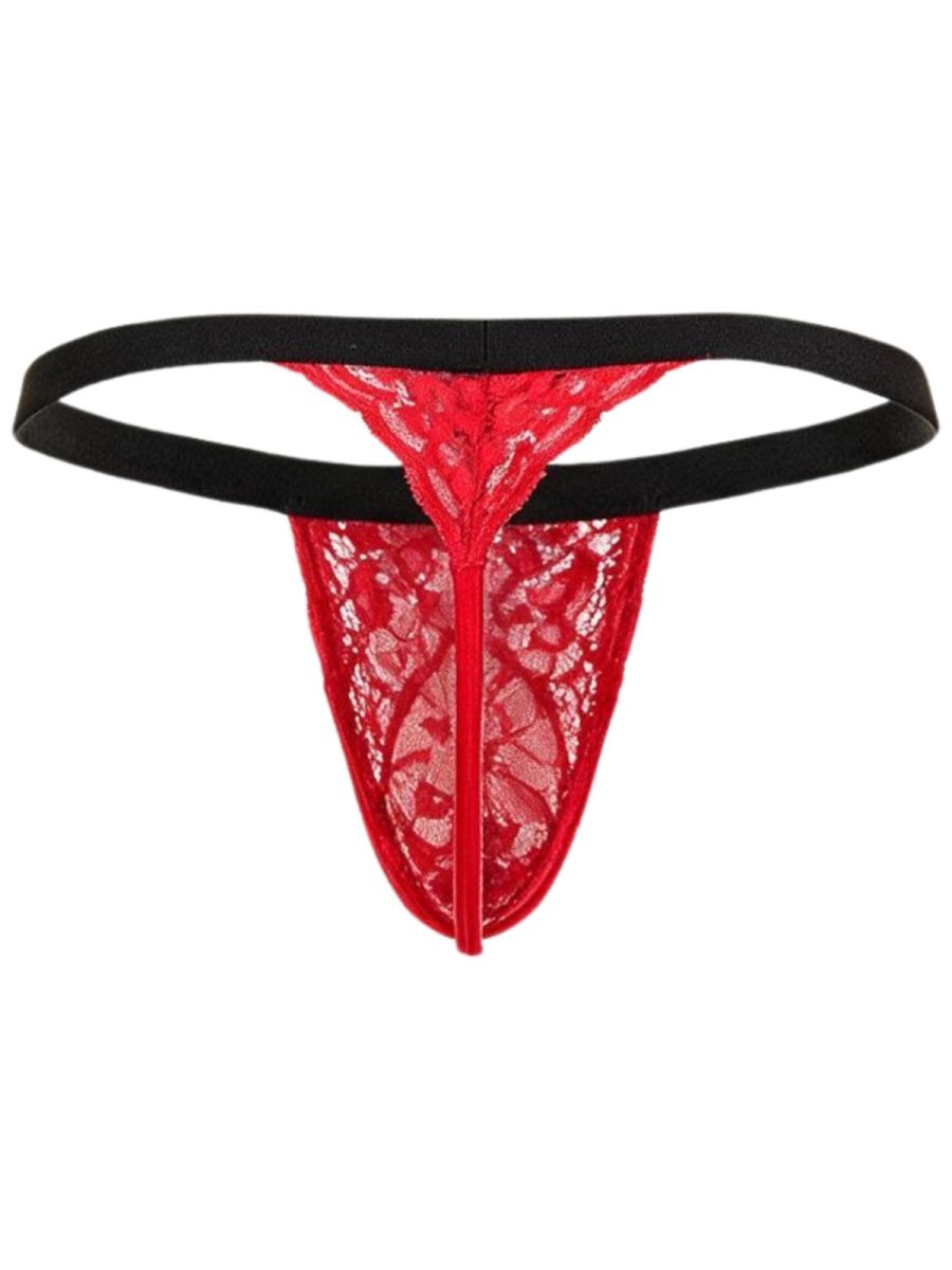 Rear view of a CandyMan red lace thong with a black waistband on a white background.