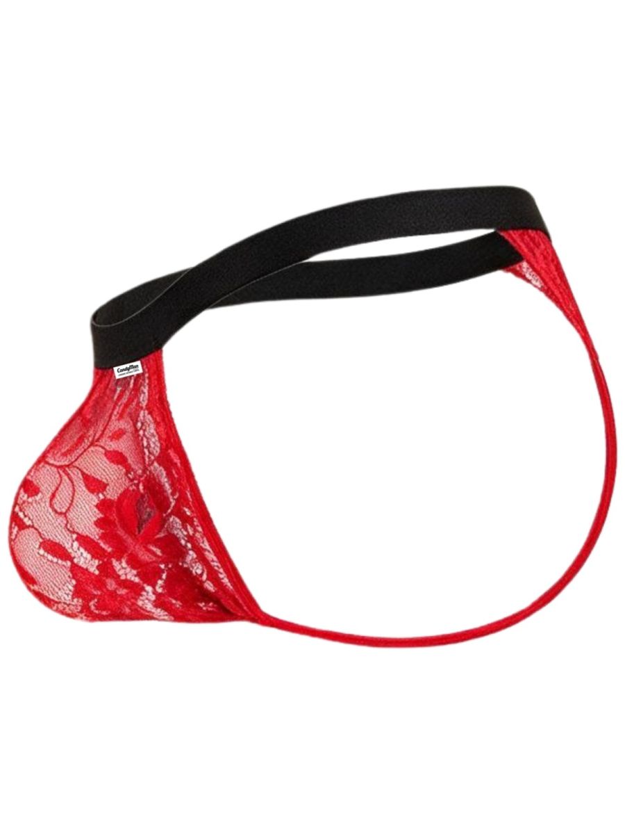 Side view of a CandyMan red lace thong with a black waistband on a white background.