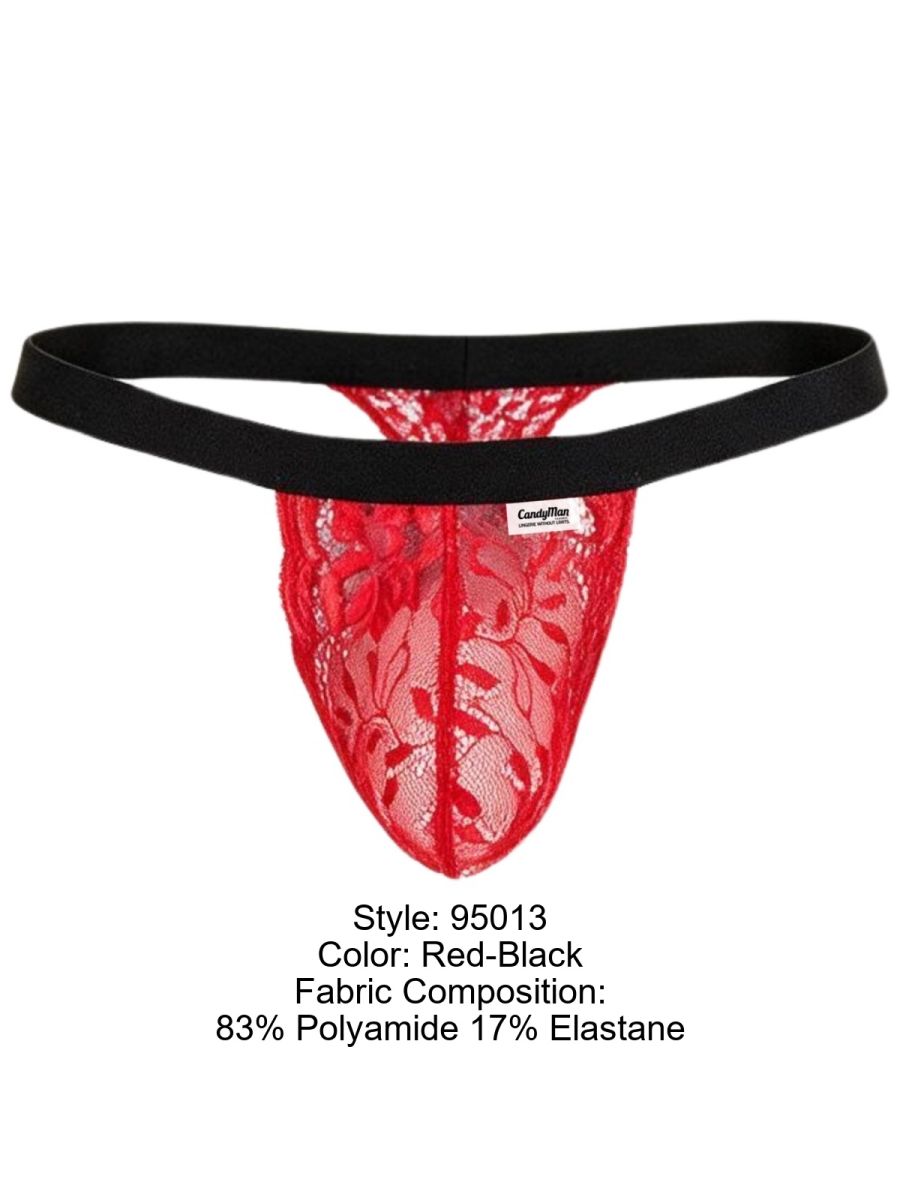 CandyMan 95013 red and black lace thong; label states 83% polyamide and 17% elastane.
