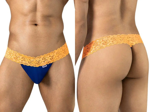 Two-panel view of a person wearing blue briefs with an orange lace waistband.