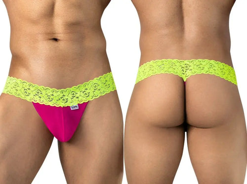 Two views of a person wearing pink and yellow-green underwear.