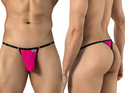 Hot pink mesh men's thong with black elastic waist straps, shown front and back.