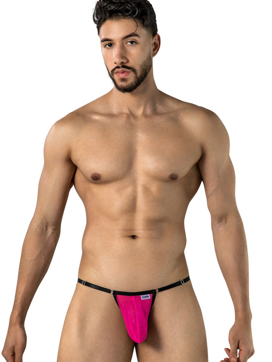 CandyMan 95016 hot pink mesh thong on male model, front view.