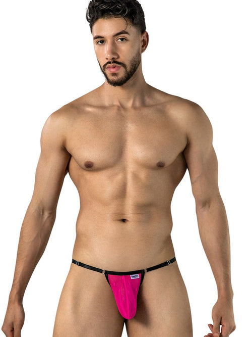 CandyMan 95016 hot pink mesh thong on male model, front view.