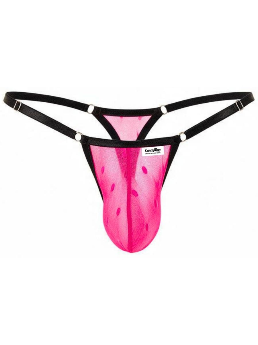 Hot pink mesh thong with black elastic waist straps and metal hardware.