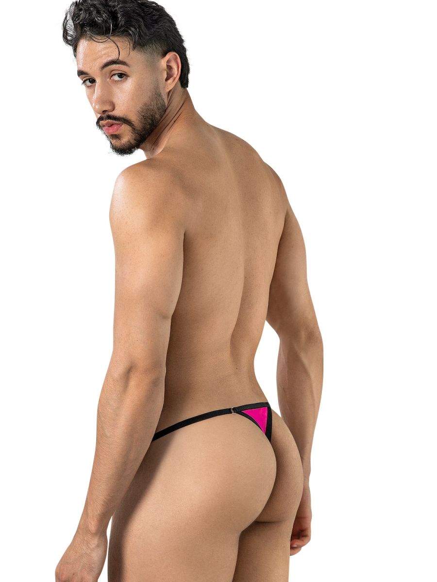 Rear view of a man wearing a hot pink mesh thong with black trim.