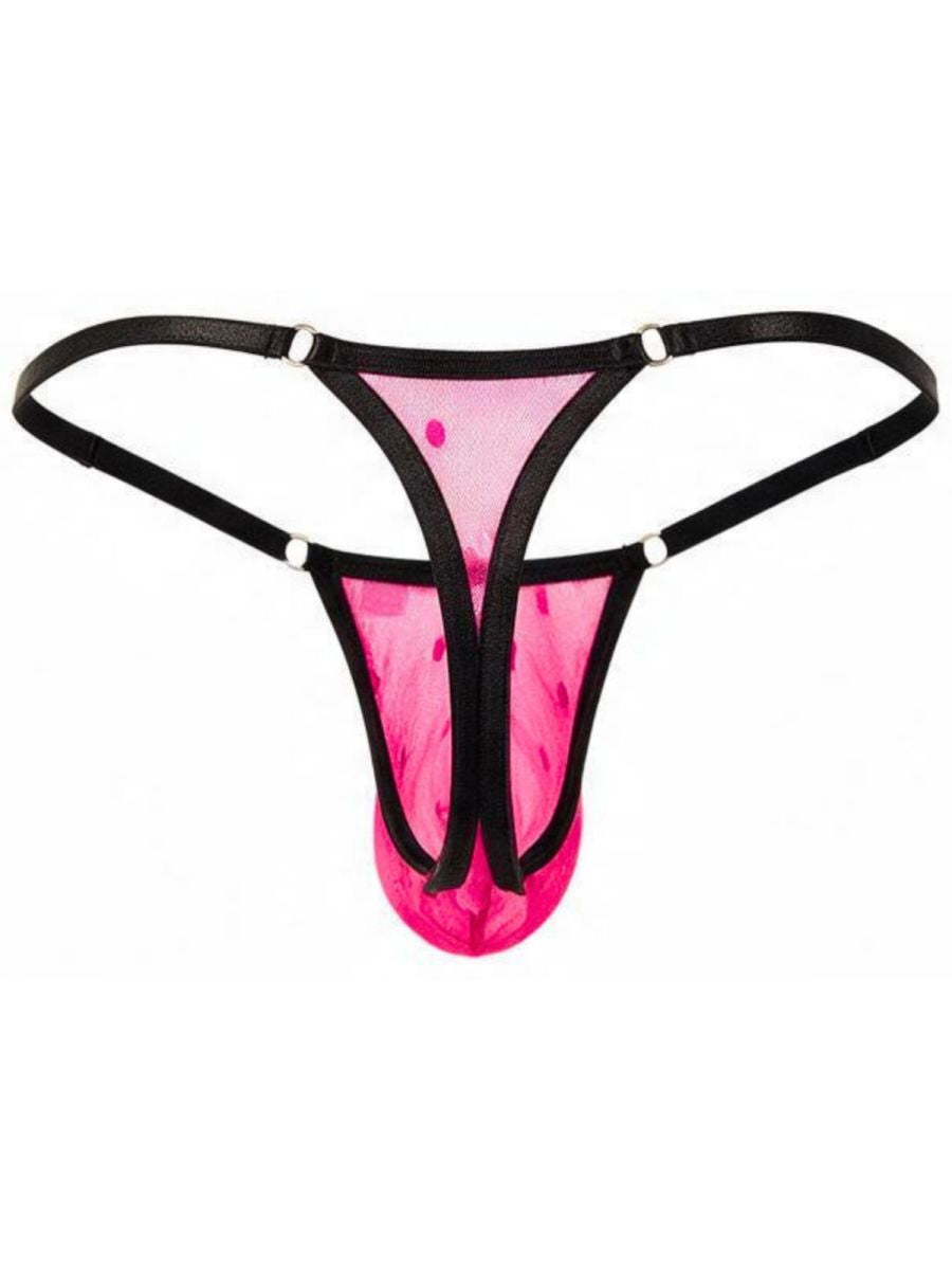 Rear view of hot pink dotted mesh thong underwear with black straps and metal rings.