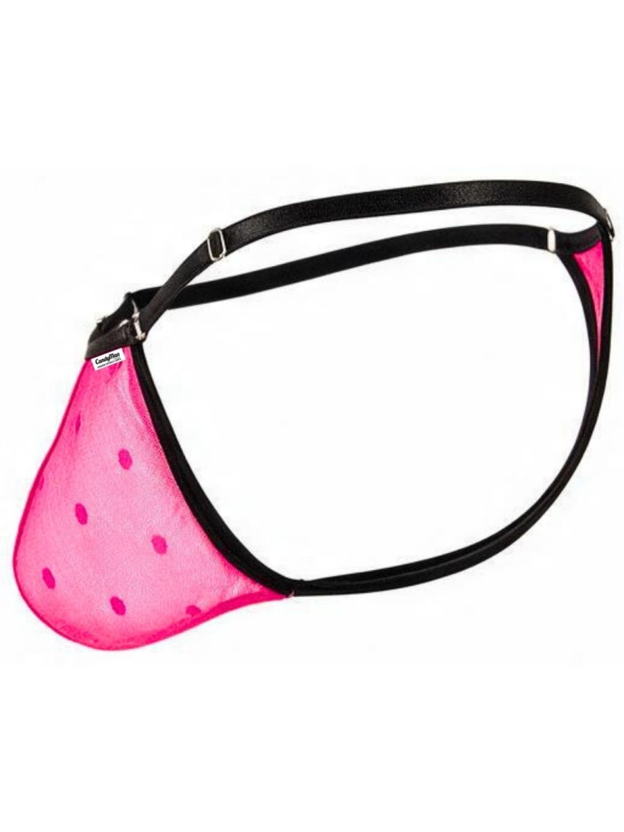 Side view of hot pink dotted mesh thong underwear with black trim and adjustable straps.