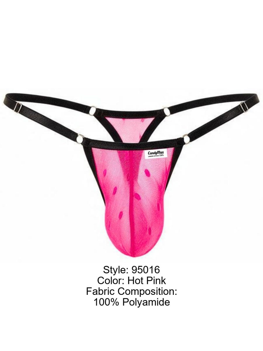 CandyMan 95016 hot pink mesh thong with black straps; label states 100% polyamide.