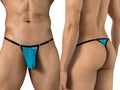 CandyMan 95016 turquoise mesh men's thong shown from front and back on a model.