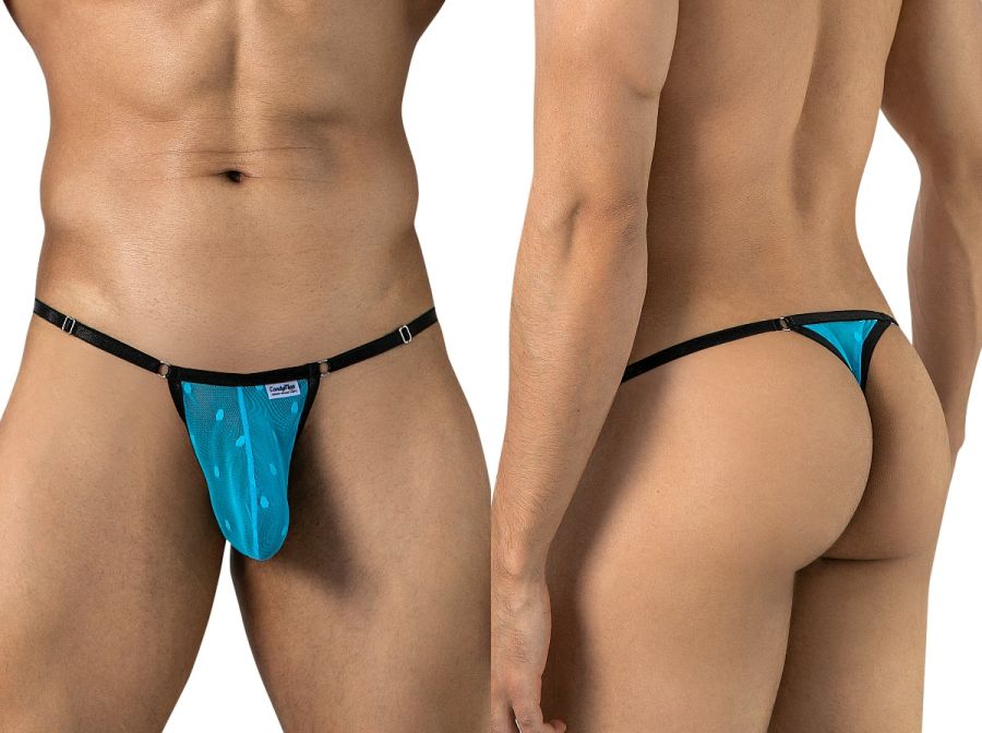 CandyMan 95016 turquoise mesh men's thong shown from front and back on a model.
