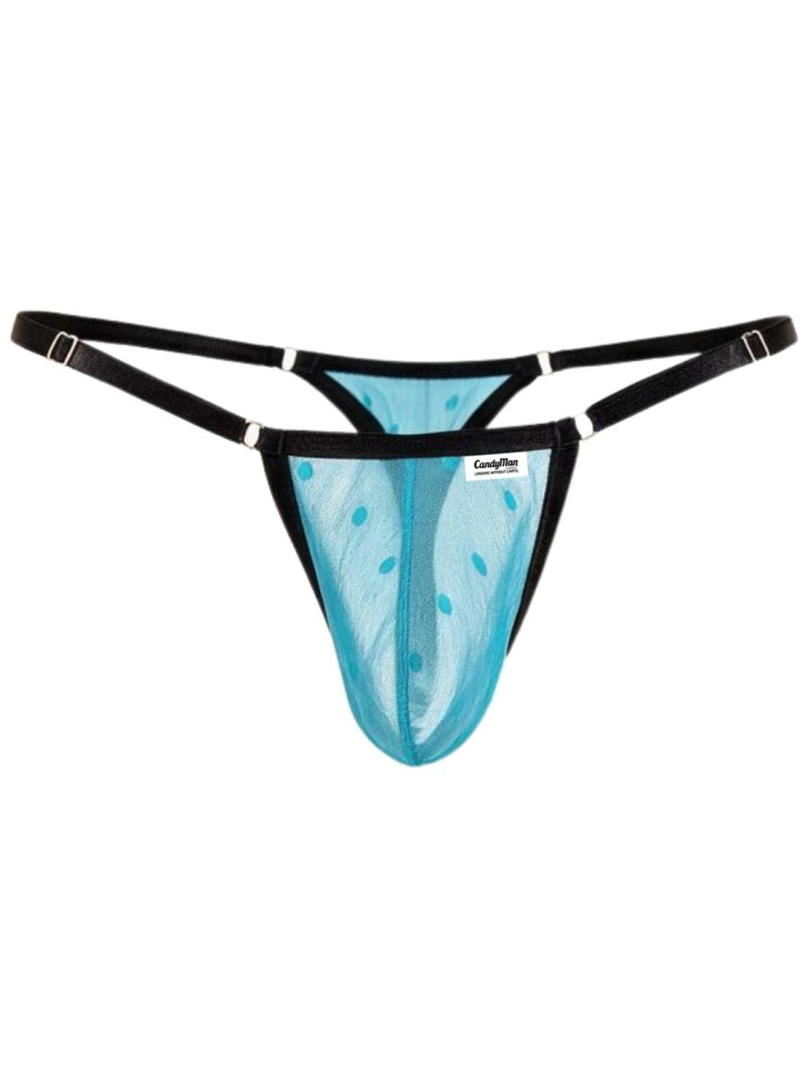 Turquoise mesh men's thong with black elastic trim and adjustable side straps.