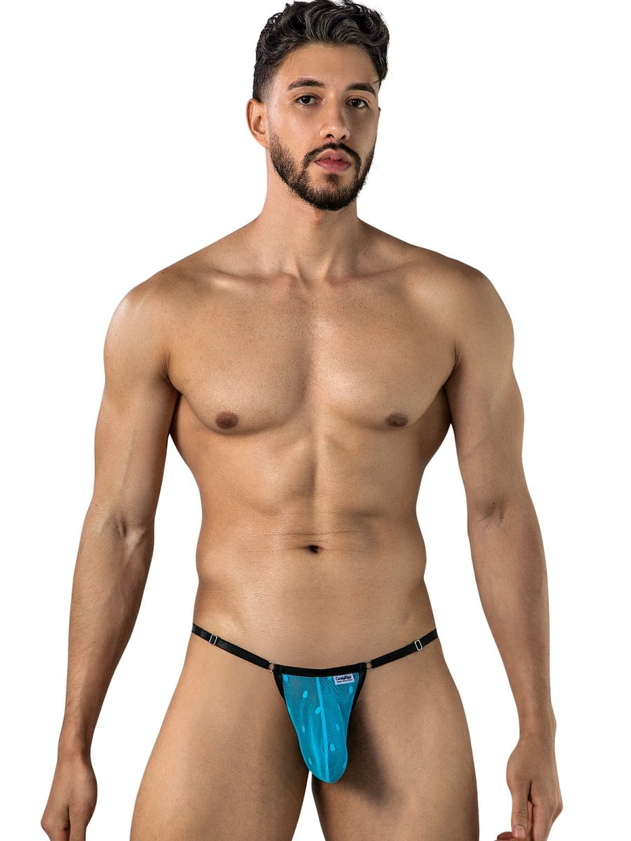CandyMan 95016 men's turquoise mesh thong underwear on model.
