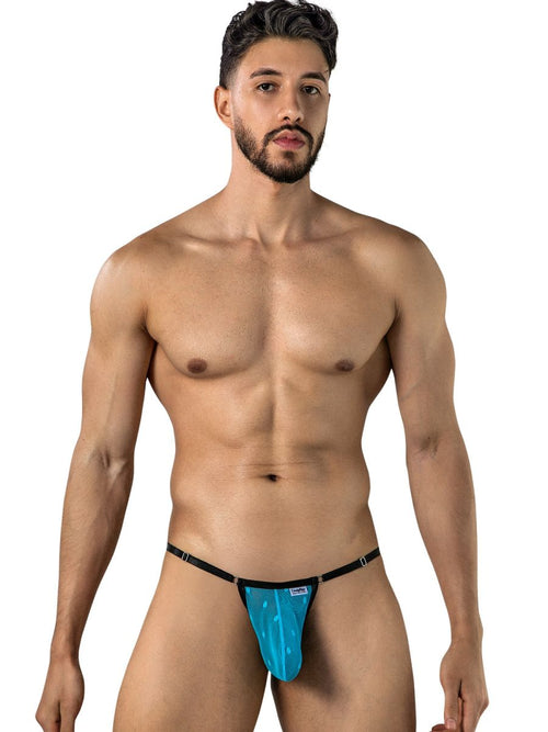 CandyMan 95016 men's turquoise mesh thong underwear on model.