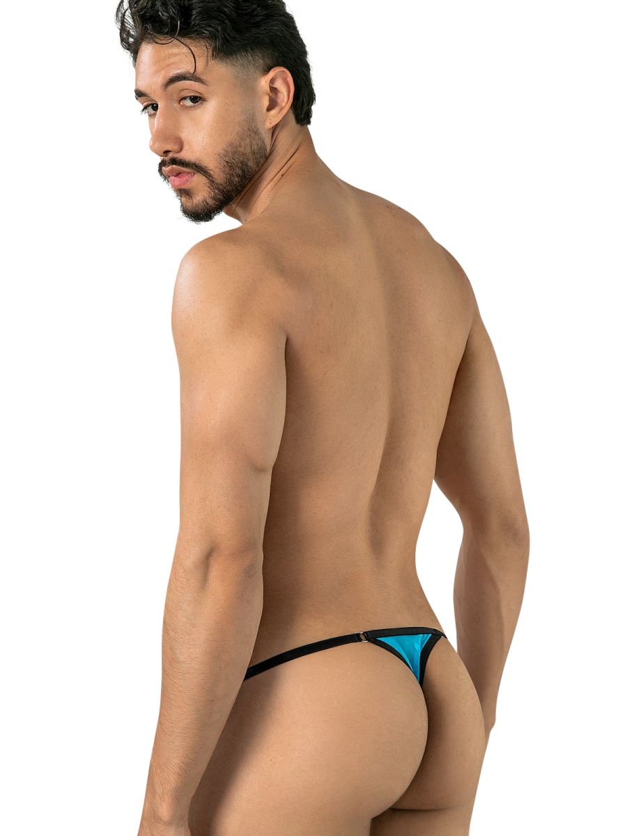 Rear view of model wearing CandyMan turquoise mesh thong with black trim.