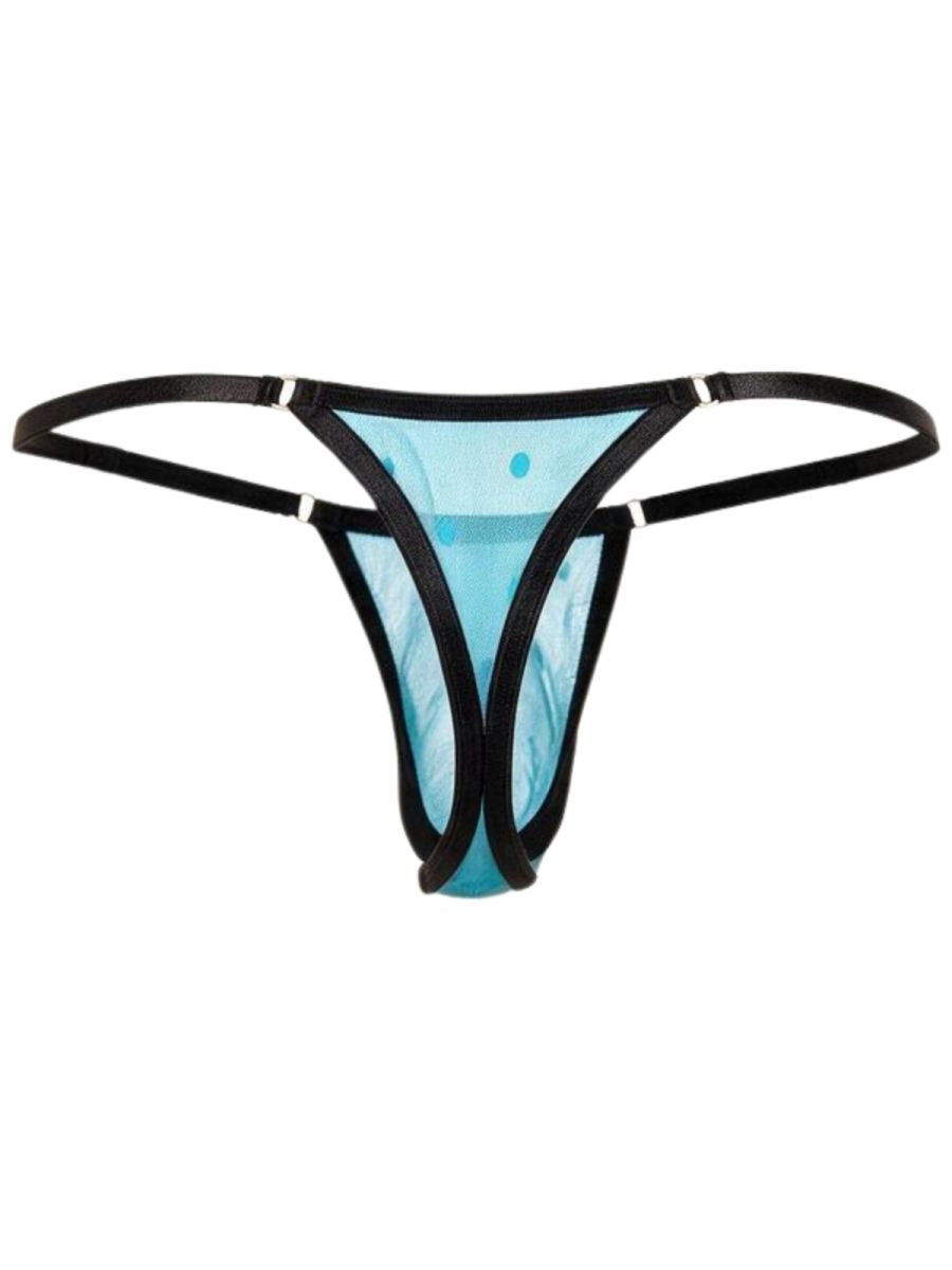 Rear view of a turquoise mesh thong with black trim and thin adjustable straps.