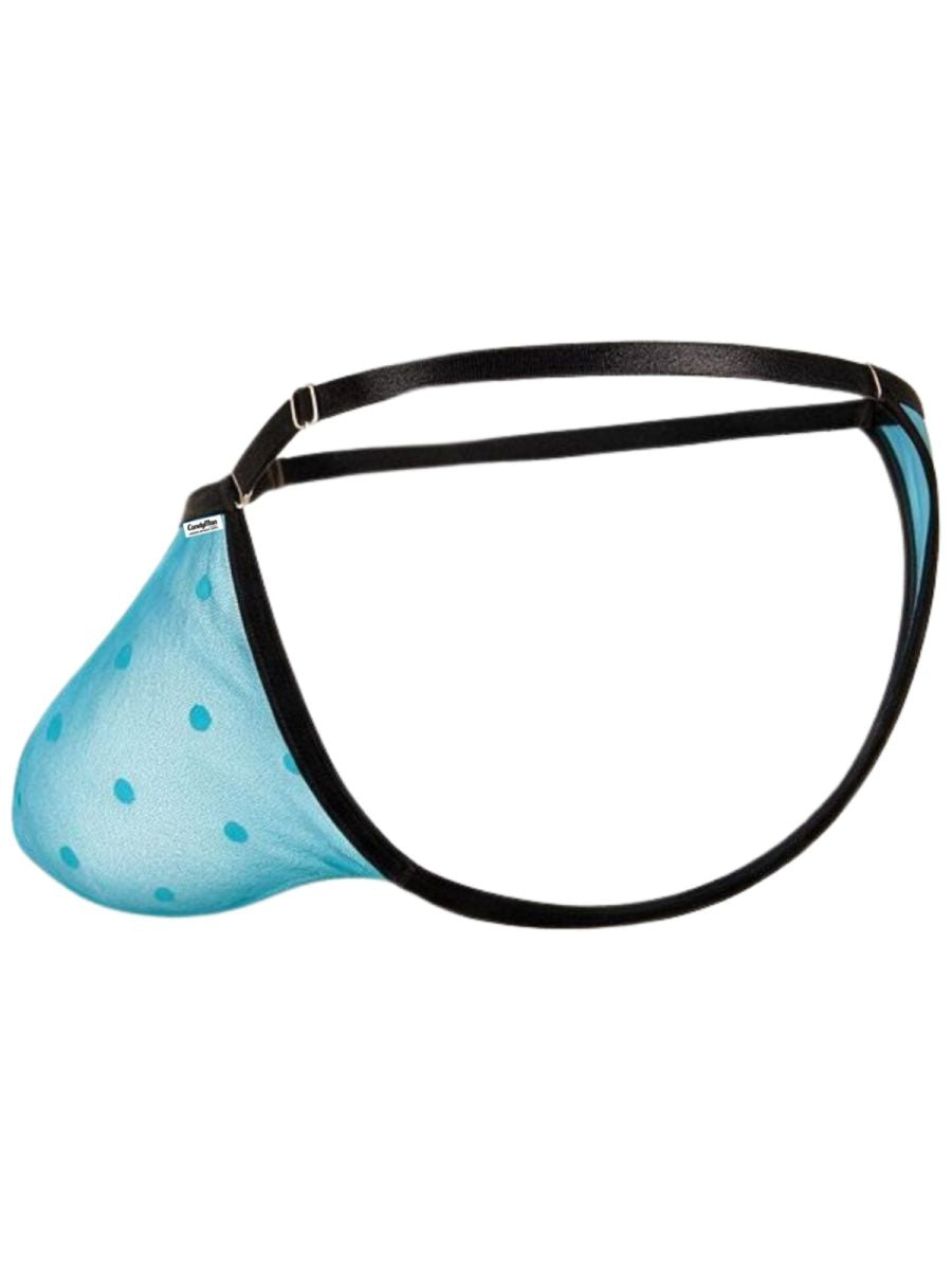 Side view of a turquoise mesh thong with black trim and adjustable straps.