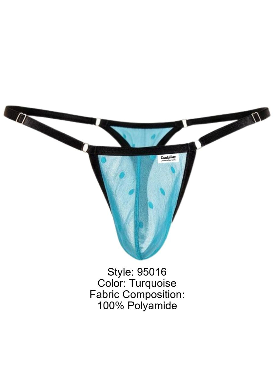 CandyMan 95016 turquoise mesh thong; label states 100% polyamide.
