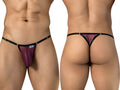 Front and rear views of a men's wine mesh thong with thin black adjustable waist straps.